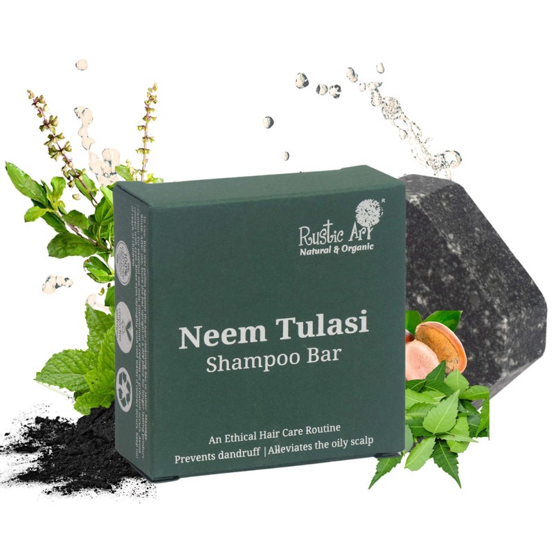 Rustic Art Organic Neem Tulsi Shampoo Bar | Oily, Dandruff Prone Hair | Charcoal & Eucalyptus | Sulfate, Paraben & Added Fragrance Free | Natural & Organic Essential For Women & Men | 2.65 Oz - Image 2